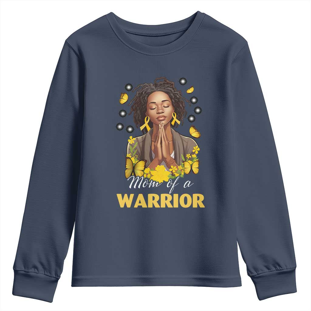 Childhood Cancer Warrior Support Youth Sweatshirt Mom Of A Warrior Messy Bun Melanin Gold Ribbon Support Squad