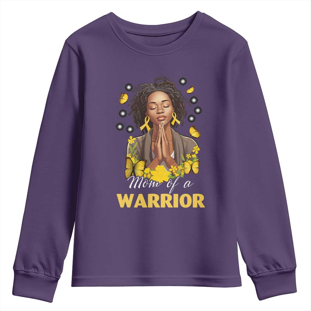 Childhood Cancer Warrior Support Youth Sweatshirt Mom Of A Warrior Messy Bun Melanin Gold Ribbon Support Squad