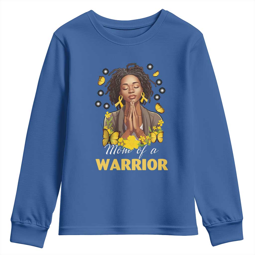 Childhood Cancer Warrior Support Youth Sweatshirt Mom Of A Warrior Messy Bun Melanin Gold Ribbon Support Squad