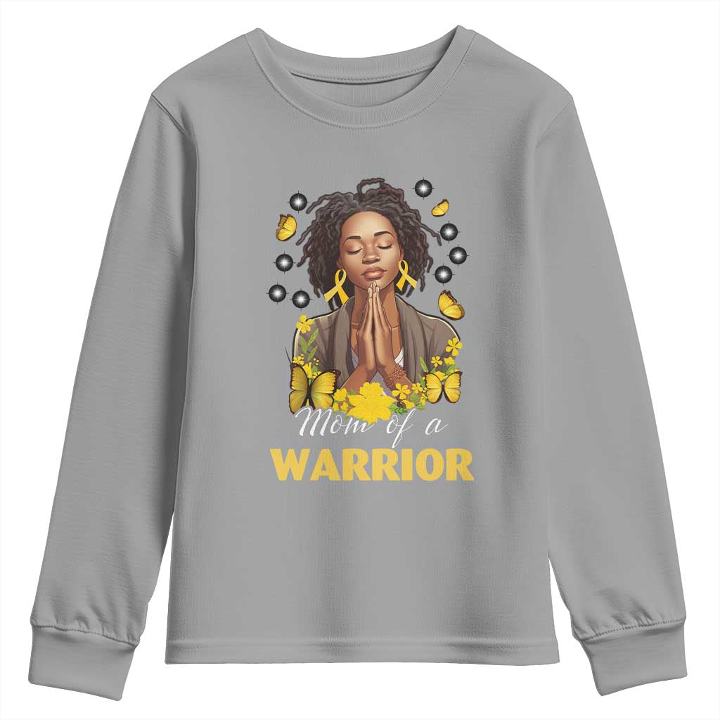 Childhood Cancer Warrior Support Youth Sweatshirt Mom Of A Warrior Messy Bun Melanin Gold Ribbon Support Squad