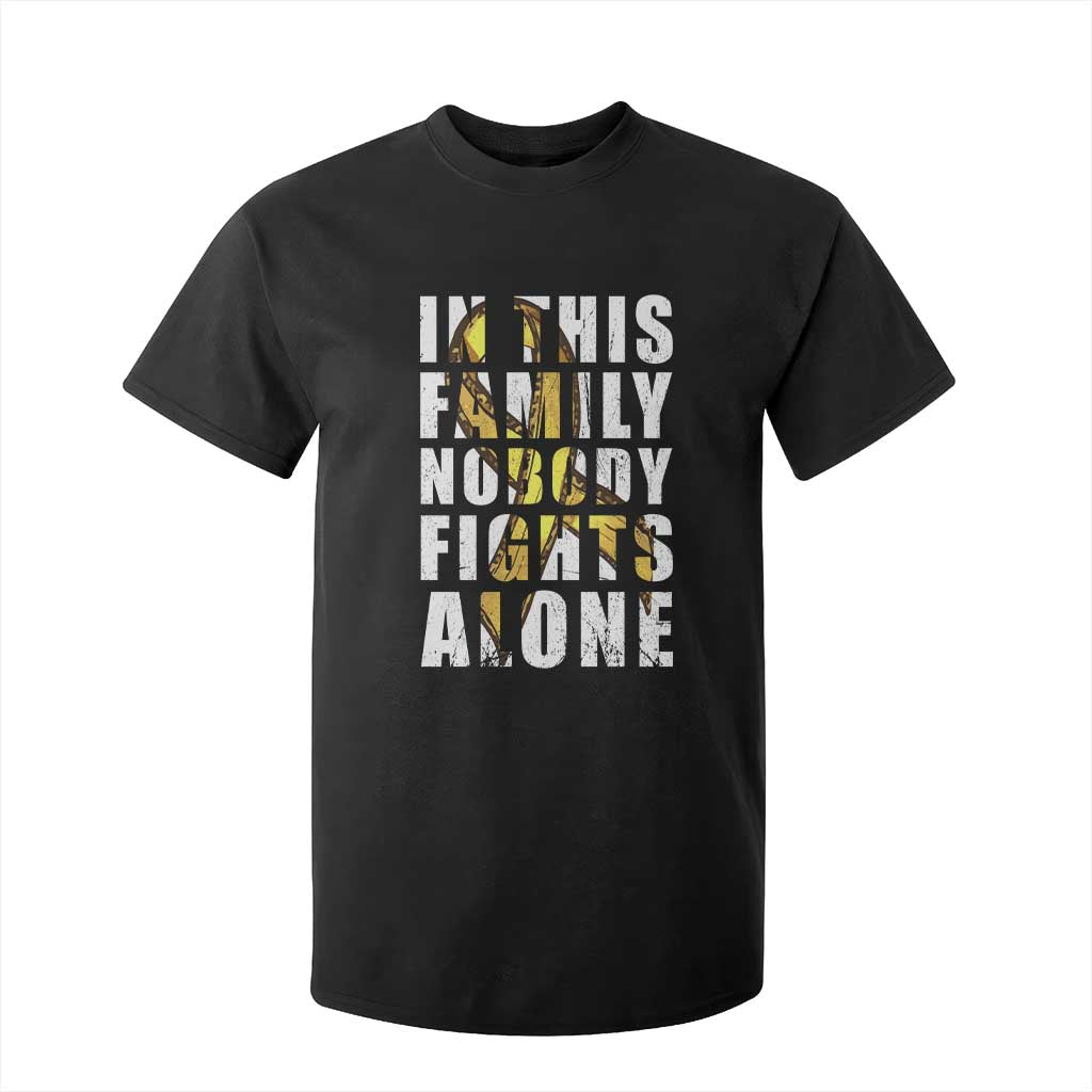 Childhood Cancer Warrior Support T Shirt For Kid In This Family Nobody Fights Alone Gold Ribbon Support Squad