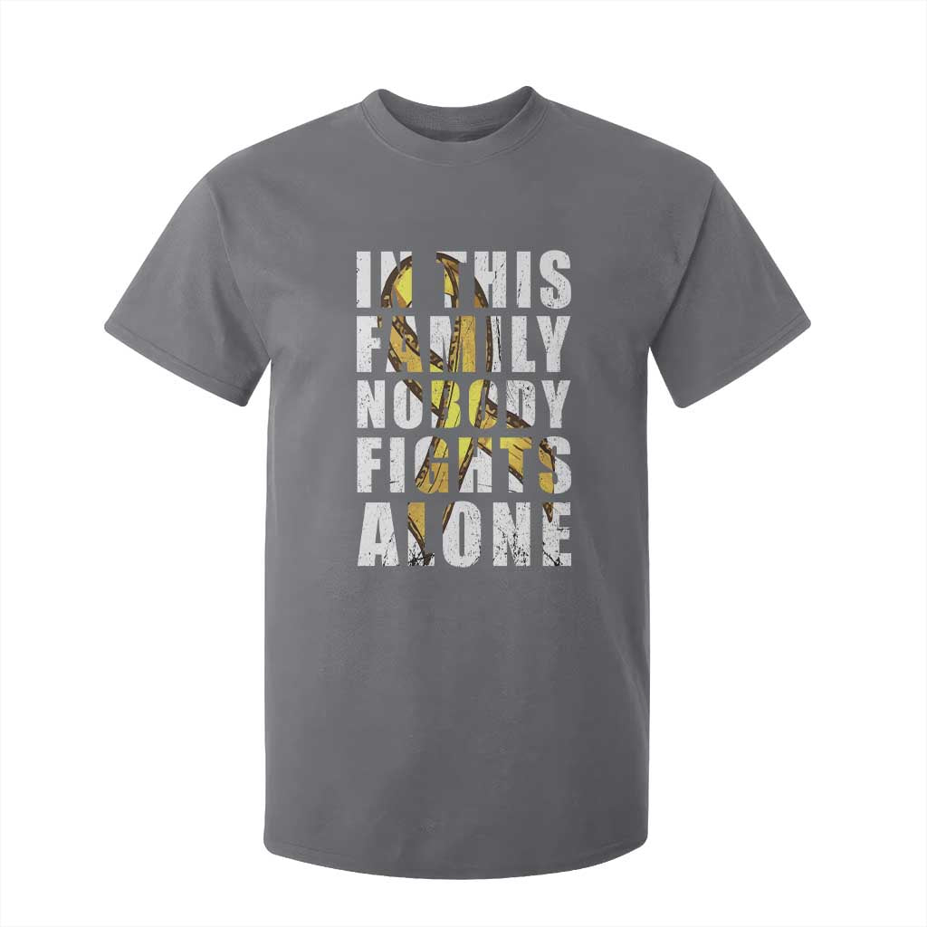 Childhood Cancer Warrior Support T Shirt For Kid In This Family Nobody Fights Alone Gold Ribbon Support Squad