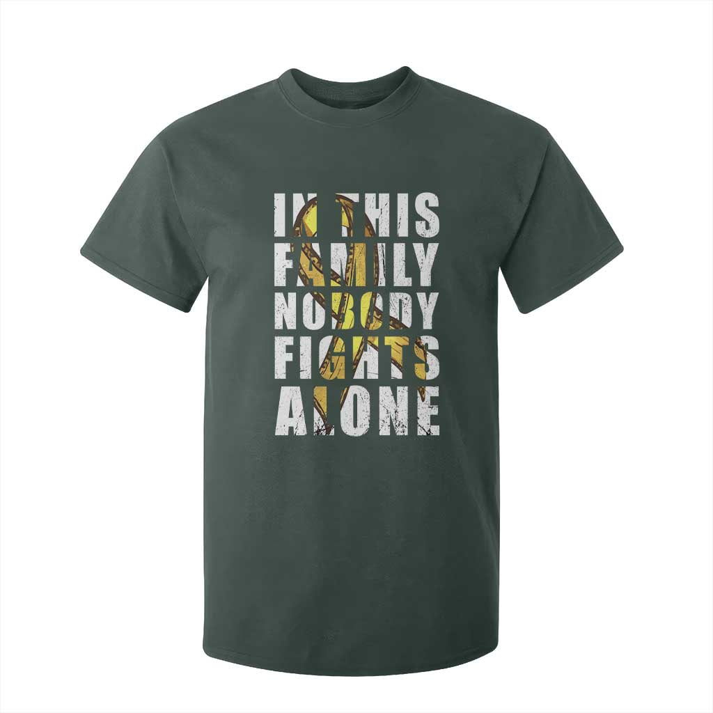 Childhood Cancer Warrior Support T Shirt For Kid In This Family Nobody Fights Alone Gold Ribbon Support Squad
