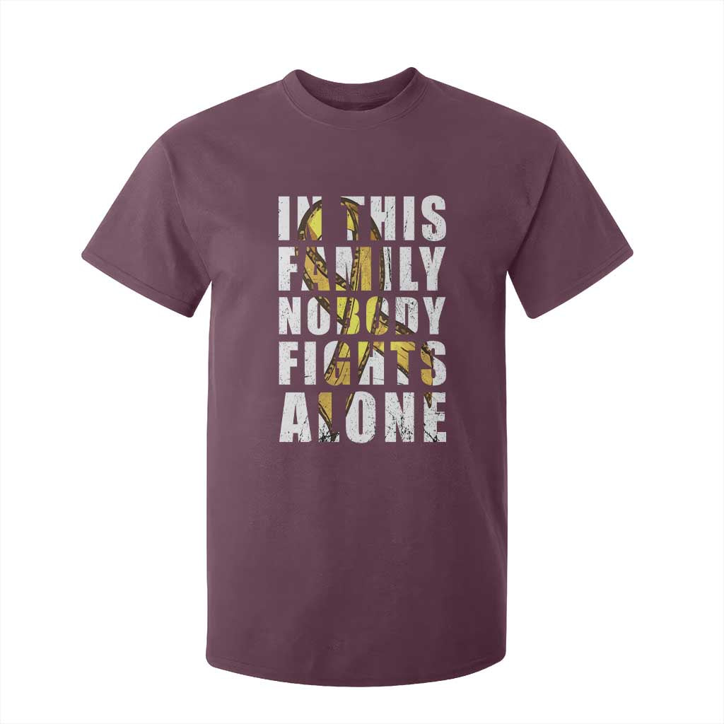 Childhood Cancer Warrior Support T Shirt For Kid In This Family Nobody Fights Alone Gold Ribbon Support Squad