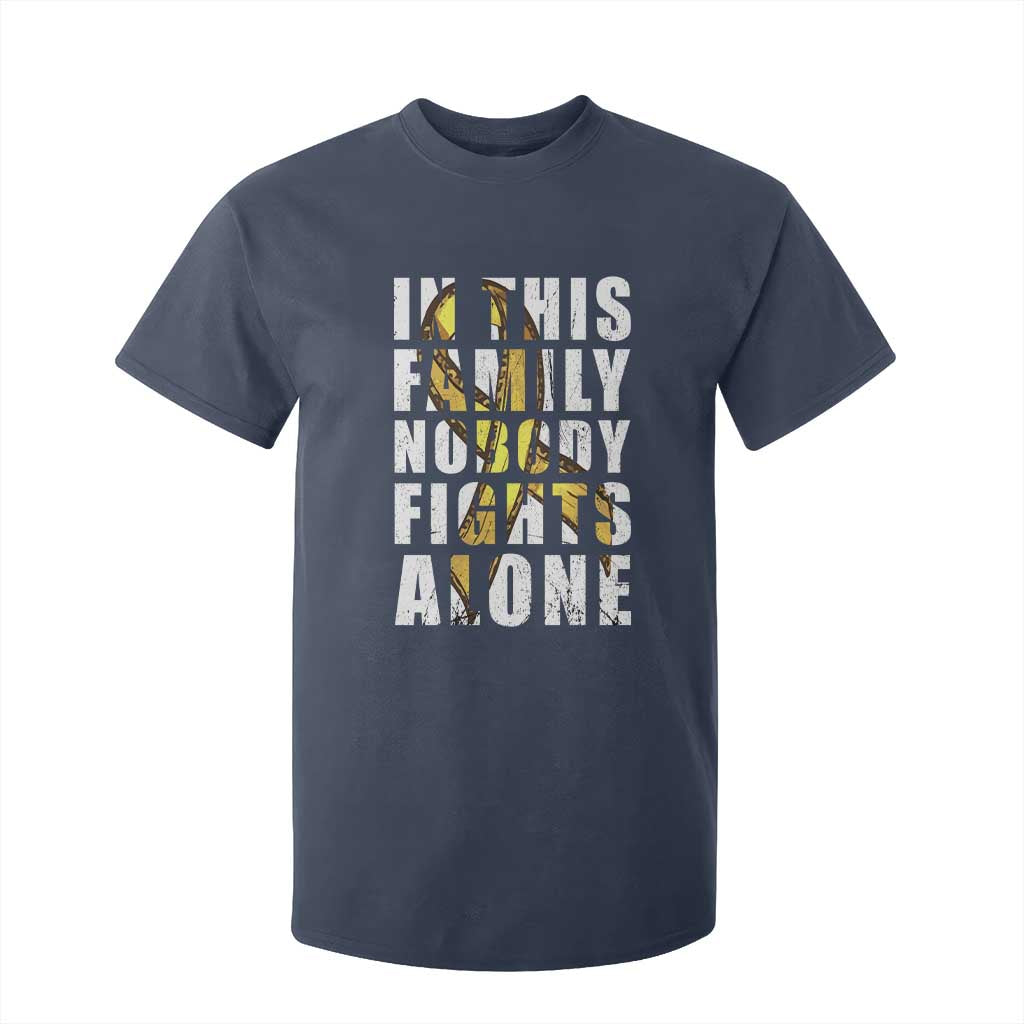 Childhood Cancer Warrior Support T Shirt For Kid In This Family Nobody Fights Alone Gold Ribbon Support Squad