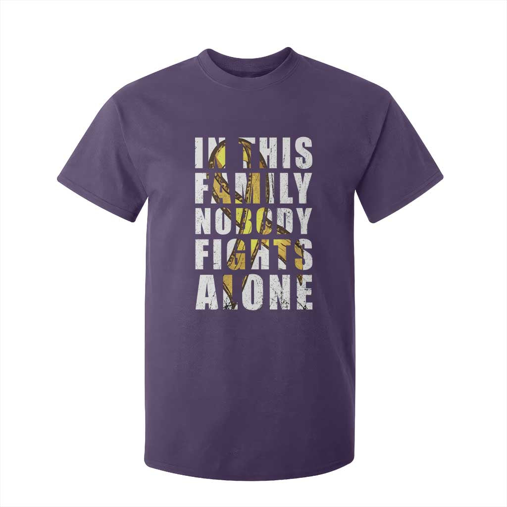 Childhood Cancer Warrior Support T Shirt For Kid In This Family Nobody Fights Alone Gold Ribbon Support Squad