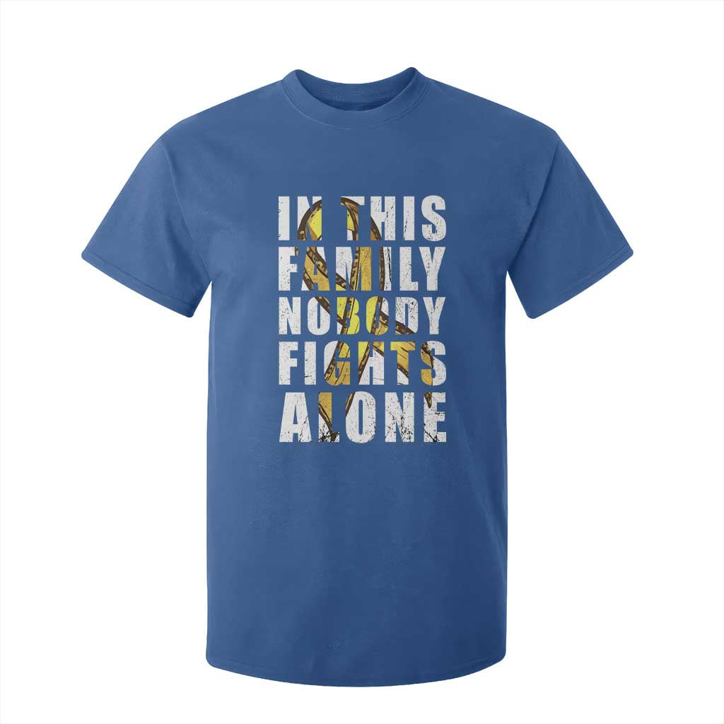 Childhood Cancer Warrior Support T Shirt For Kid In This Family Nobody Fights Alone Gold Ribbon Support Squad