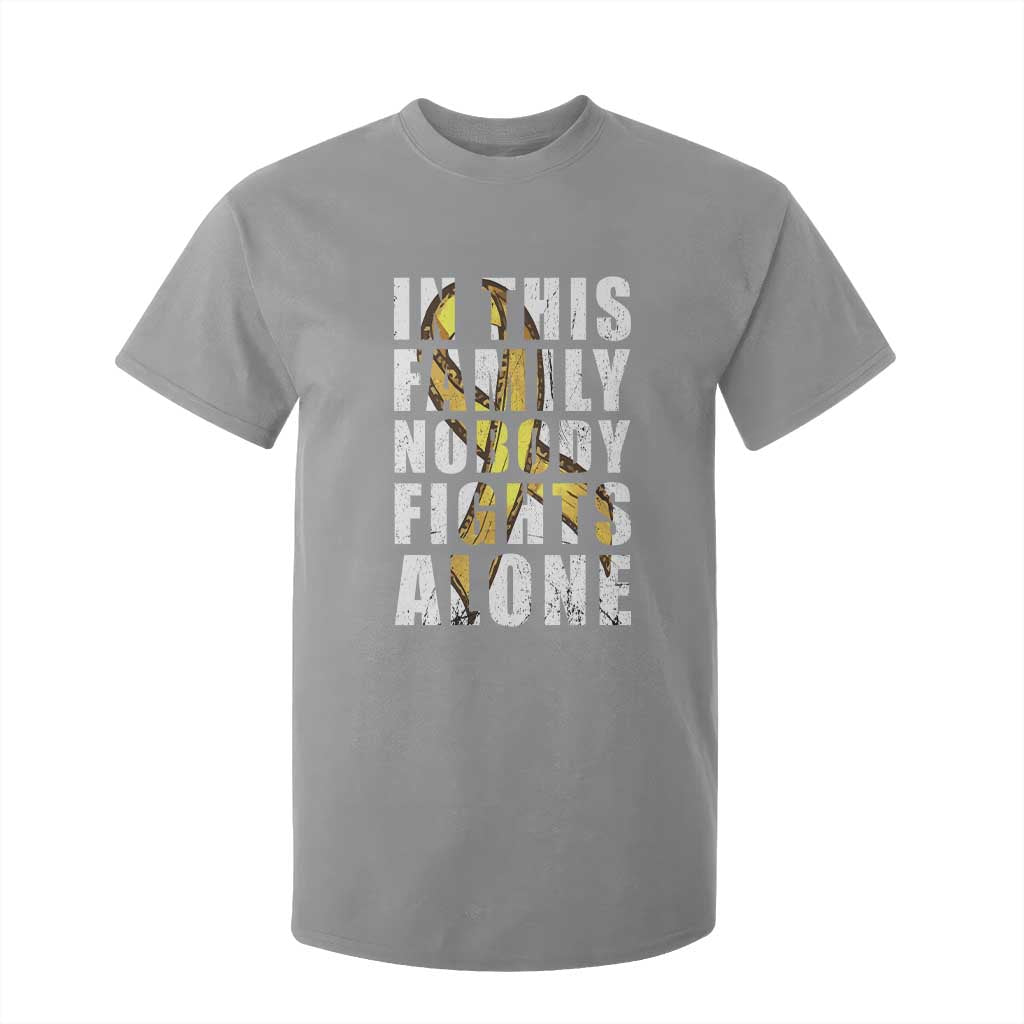 Childhood Cancer Warrior Support T Shirt For Kid In This Family Nobody Fights Alone Gold Ribbon Support Squad