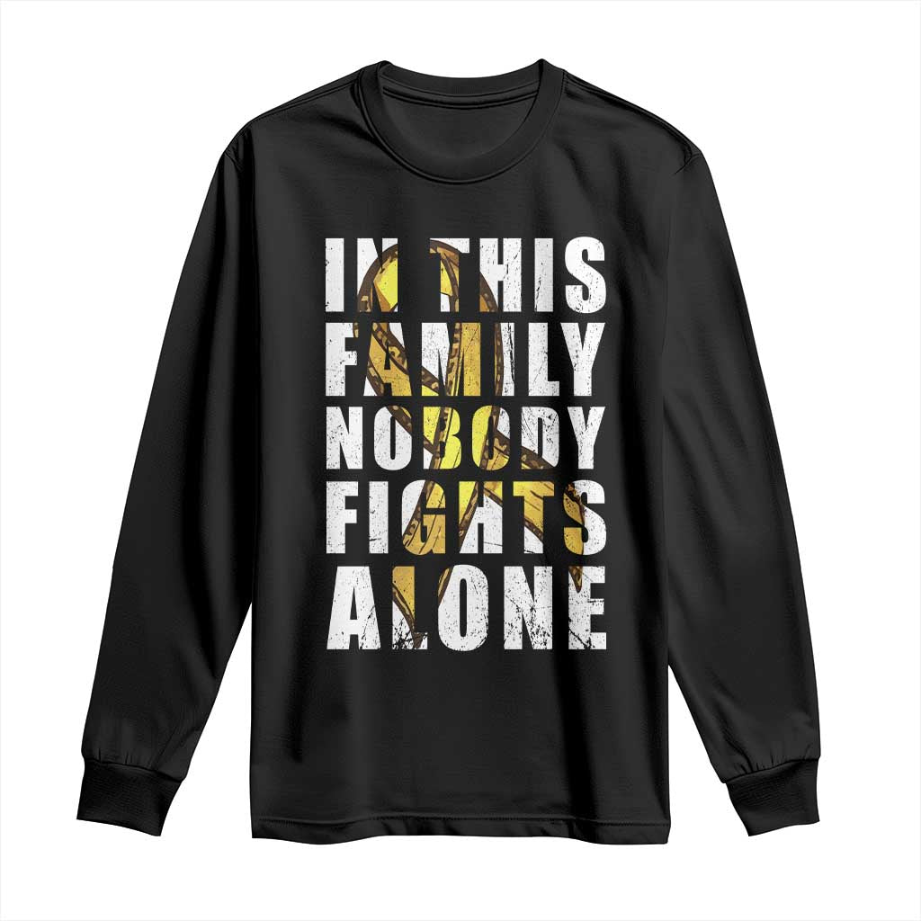 Childhood Cancer Warrior Support Long Sleeve Shirt In This Family Nobody Fights Alone Gold Ribbon Support Squad