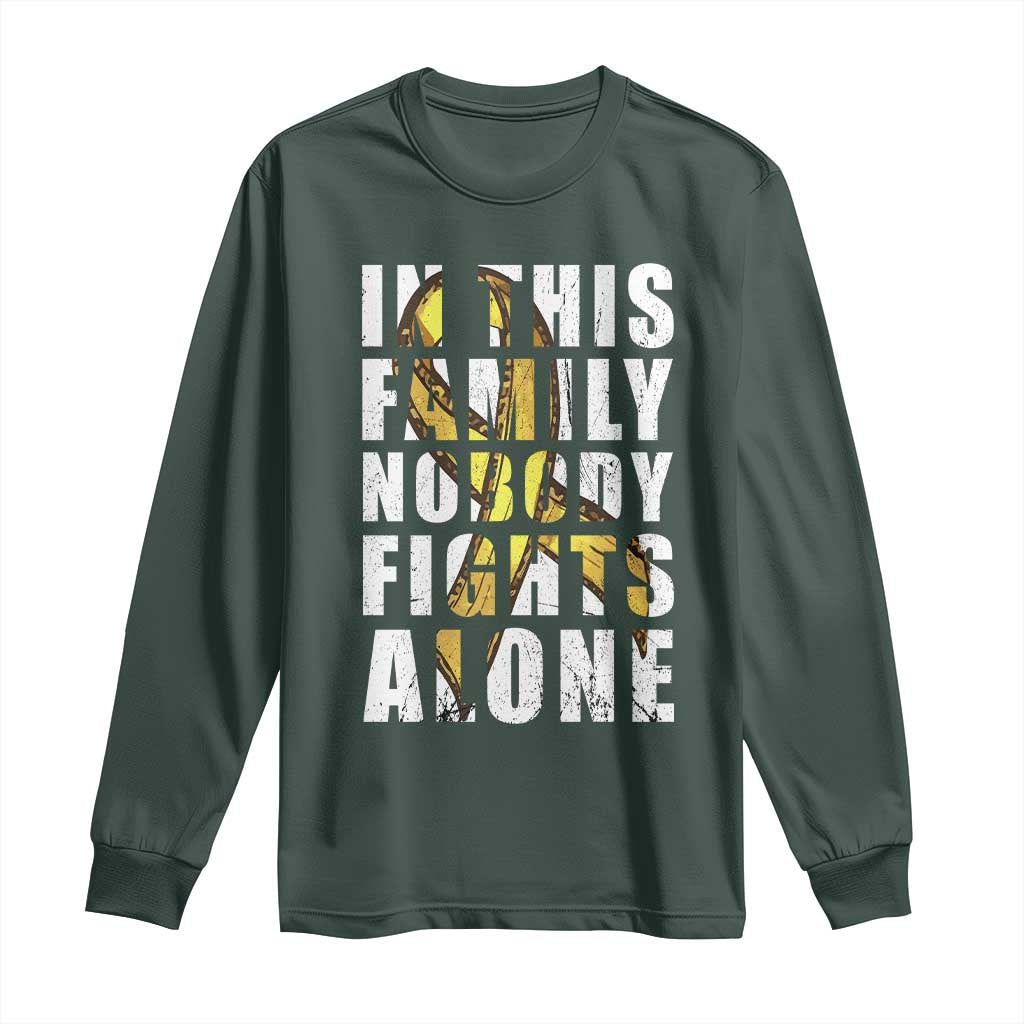 Childhood Cancer Warrior Support Long Sleeve Shirt In This Family Nobody Fights Alone Gold Ribbon Support Squad