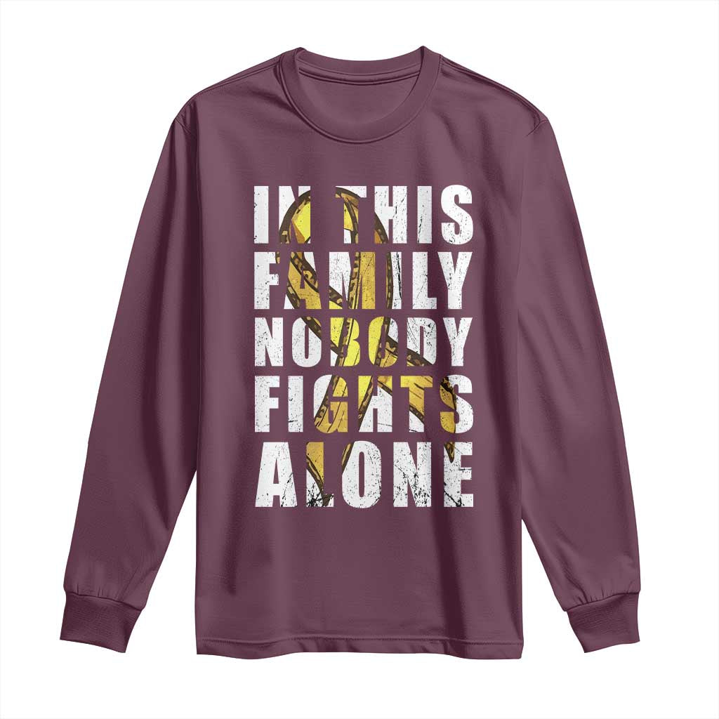 Childhood Cancer Warrior Support Long Sleeve Shirt In This Family Nobody Fights Alone Gold Ribbon Support Squad