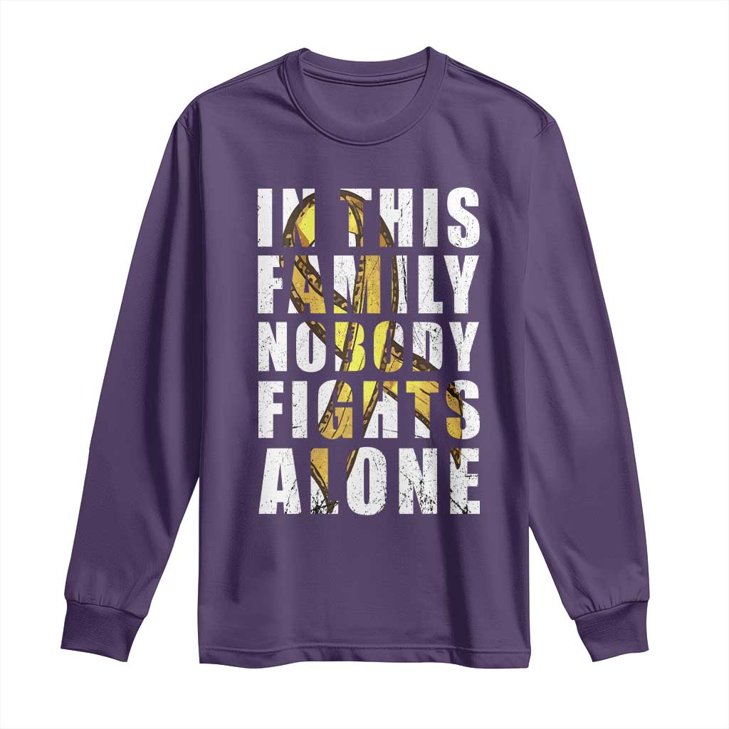 Childhood Cancer Warrior Support Long Sleeve Shirt In This Family Nobody Fights Alone Gold Ribbon Support Squad