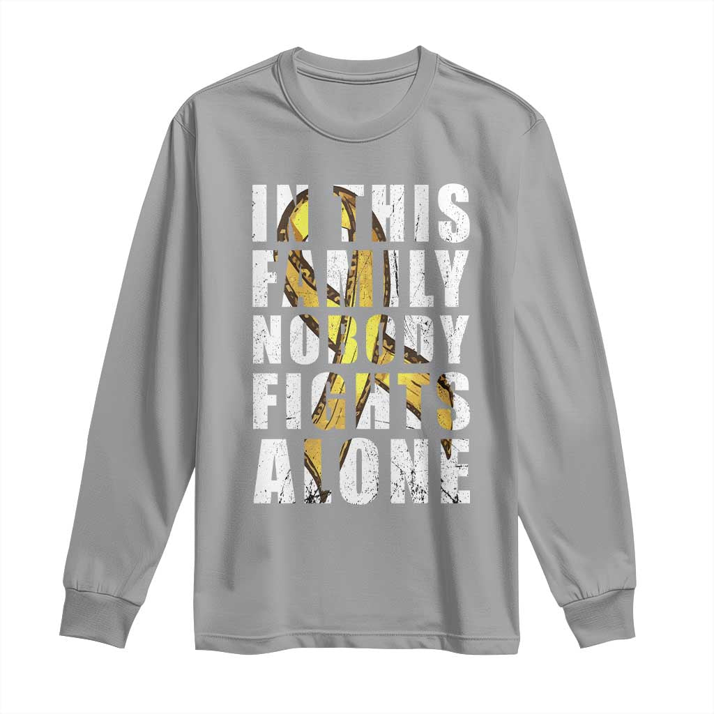 Childhood Cancer Warrior Support Long Sleeve Shirt In This Family Nobody Fights Alone Gold Ribbon Support Squad