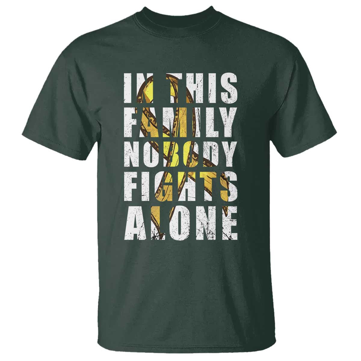 Childhood Cancer Warrior Support T Shirt In This Family Nobody Fights Alone Gold Ribbon Support Squad