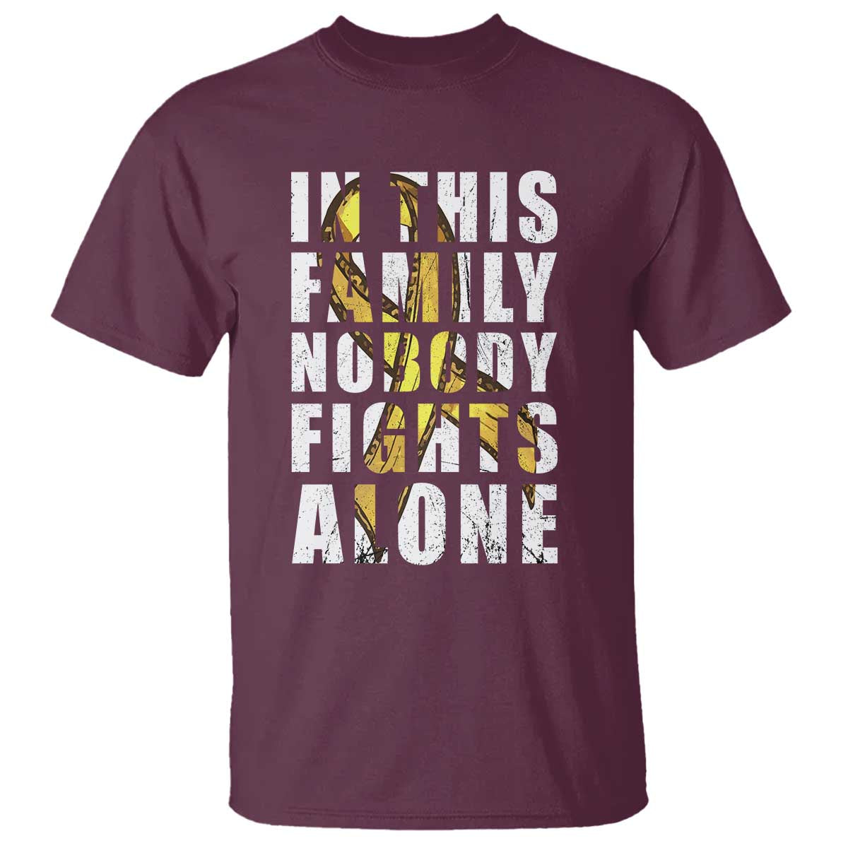 Childhood Cancer Warrior Support T Shirt In This Family Nobody Fights Alone Gold Ribbon Support Squad