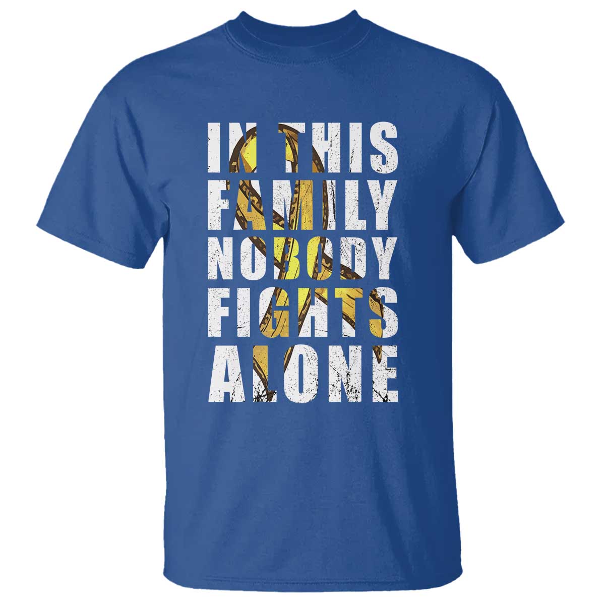 Childhood Cancer Warrior Support T Shirt In This Family Nobody Fights Alone Gold Ribbon Support Squad