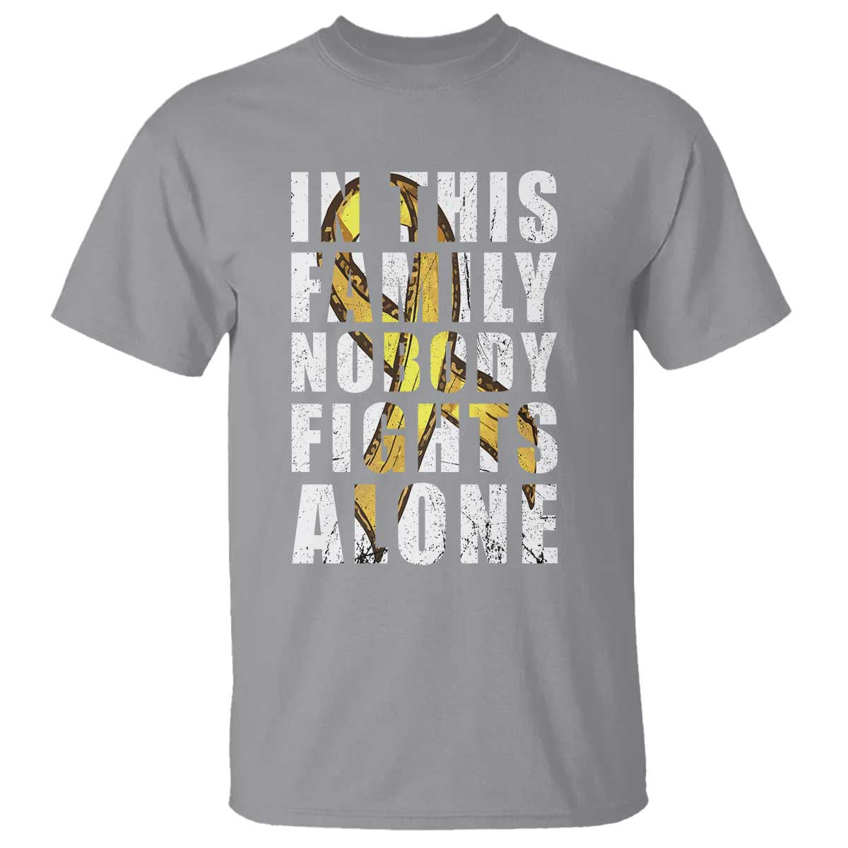 Childhood Cancer Warrior Support T Shirt In This Family Nobody Fights Alone Gold Ribbon Support Squad