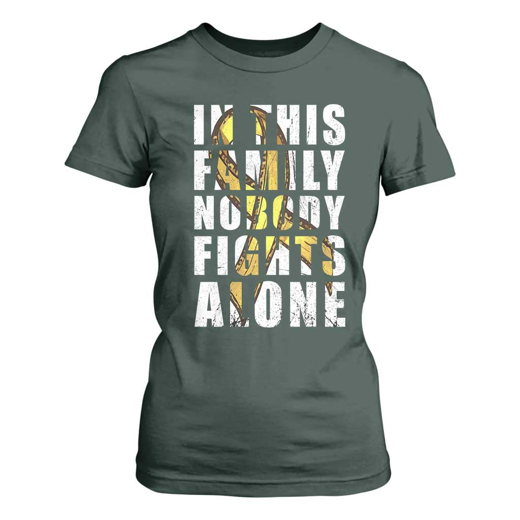 Childhood Cancer Warrior Support T Shirt For Women In This Family Nobody Fights Alone Gold Ribbon Support Squad