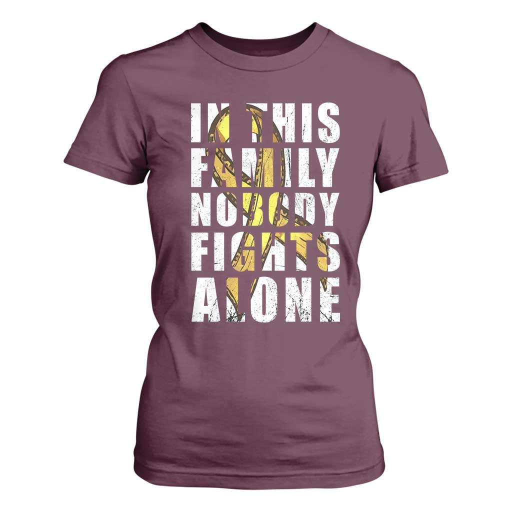 Childhood Cancer Warrior Support T Shirt For Women In This Family Nobody Fights Alone Gold Ribbon Support Squad