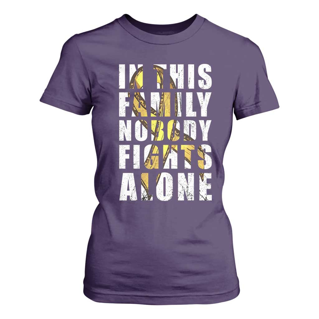Childhood Cancer Warrior Support T Shirt For Women In This Family Nobody Fights Alone Gold Ribbon Support Squad