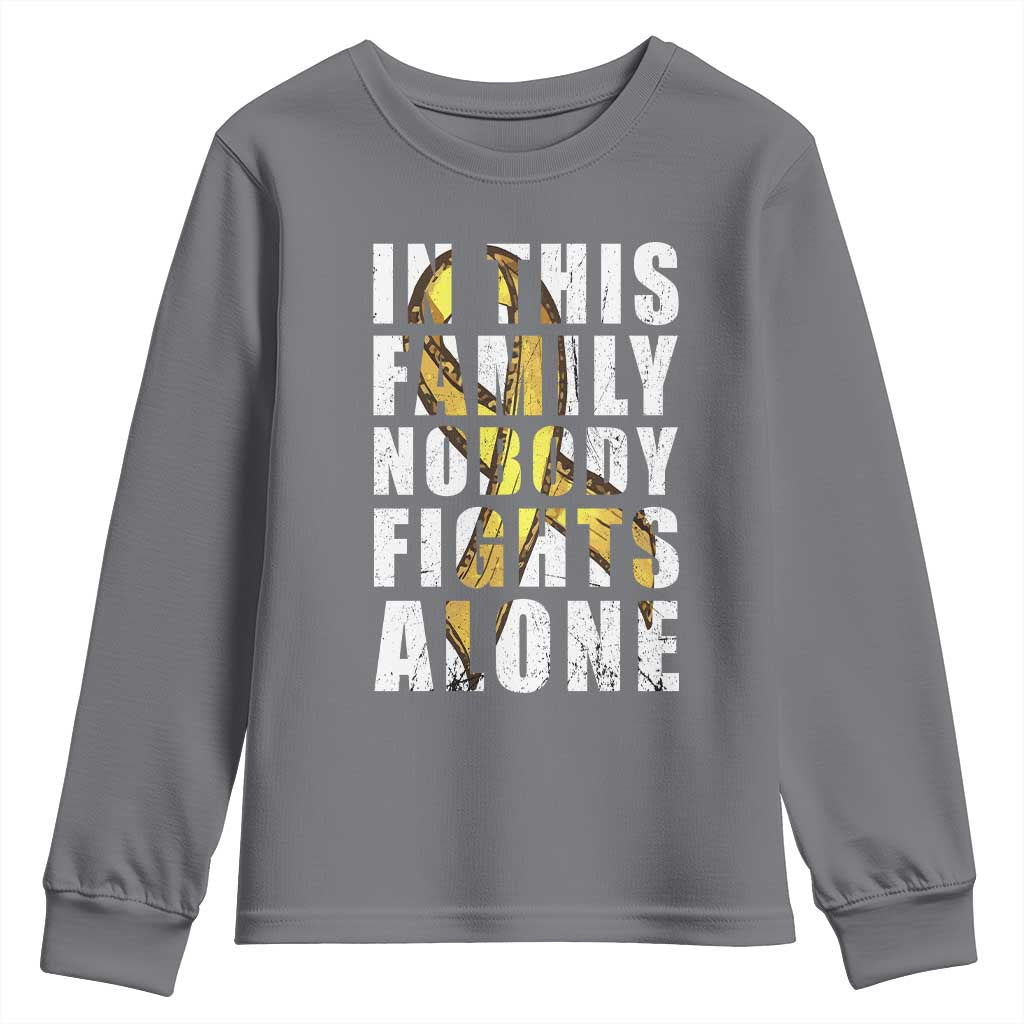 Childhood Cancer Warrior Support Youth Sweatshirt In This Family Nobody Fights Alone Gold Ribbon Support Squad