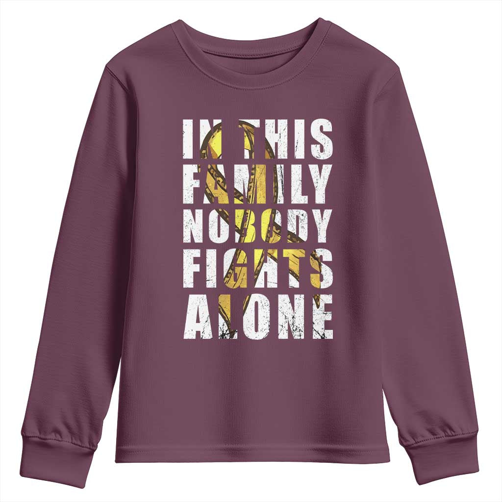 Childhood Cancer Warrior Support Youth Sweatshirt In This Family Nobody Fights Alone Gold Ribbon Support Squad