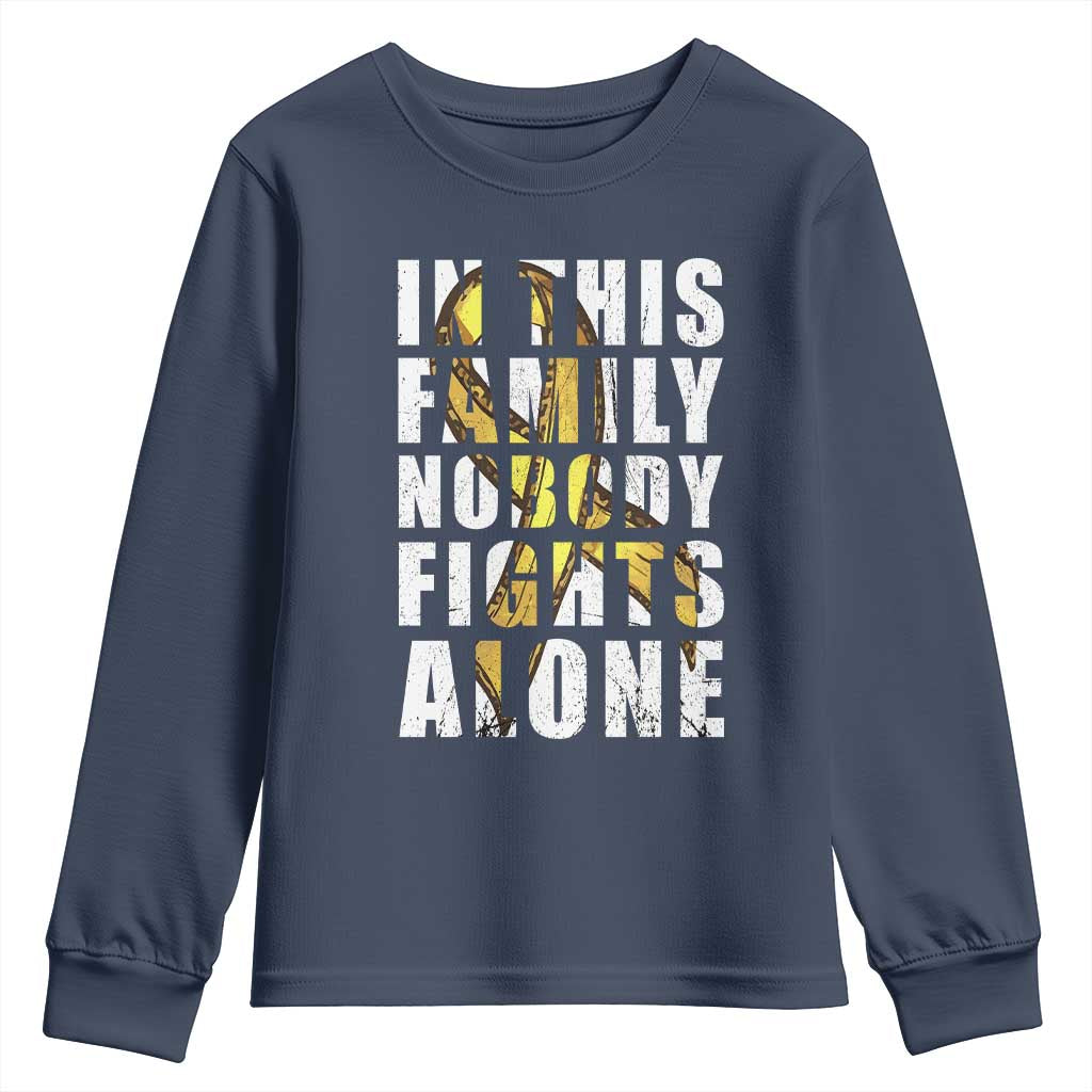 Childhood Cancer Warrior Support Youth Sweatshirt In This Family Nobody Fights Alone Gold Ribbon Support Squad