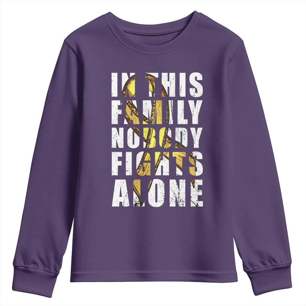 Childhood Cancer Warrior Support Youth Sweatshirt In This Family Nobody Fights Alone Gold Ribbon Support Squad
