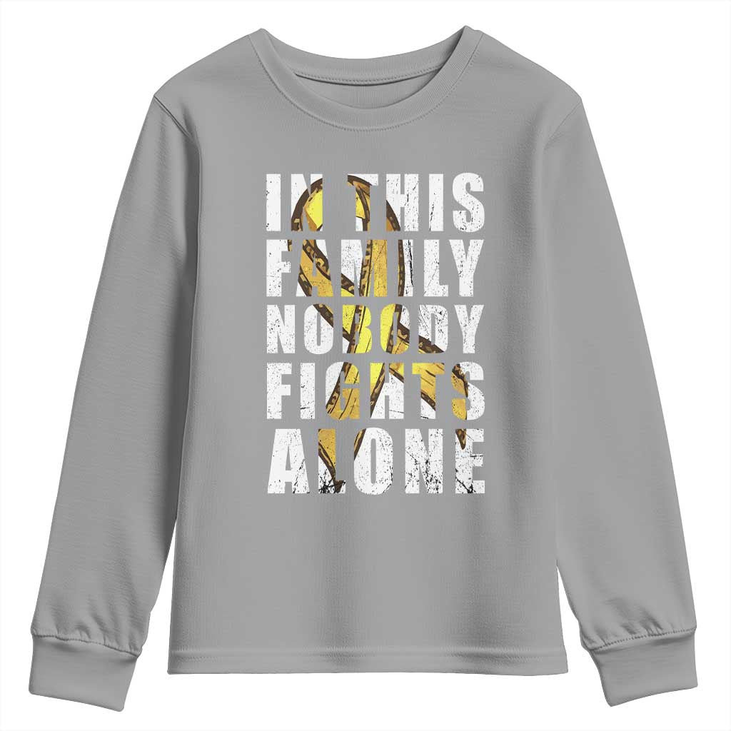 Childhood Cancer Warrior Support Youth Sweatshirt In This Family Nobody Fights Alone Gold Ribbon Support Squad