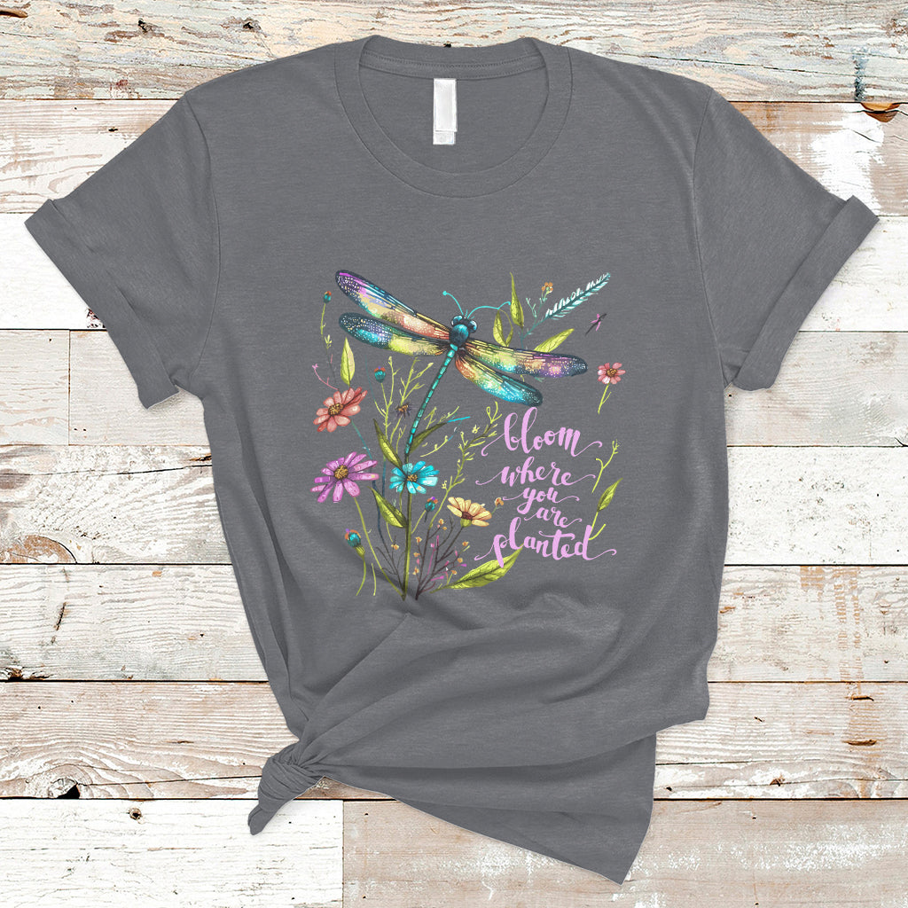 bloom-where-you-are-planted-inspirational-quote-dragonfly-t-shirt-floral-tee-dragonfly-gift-insect-lover-shirt-springtime-shirt-t-shirt-ts02