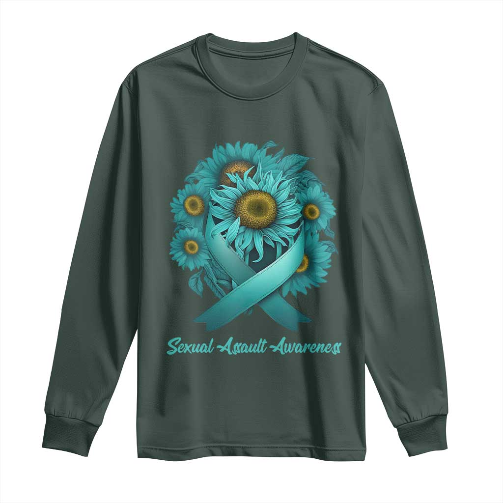 Sexual Assault Prevention Support Long Sleeve Shirt Teal Ribbon Sunflowers Warrior