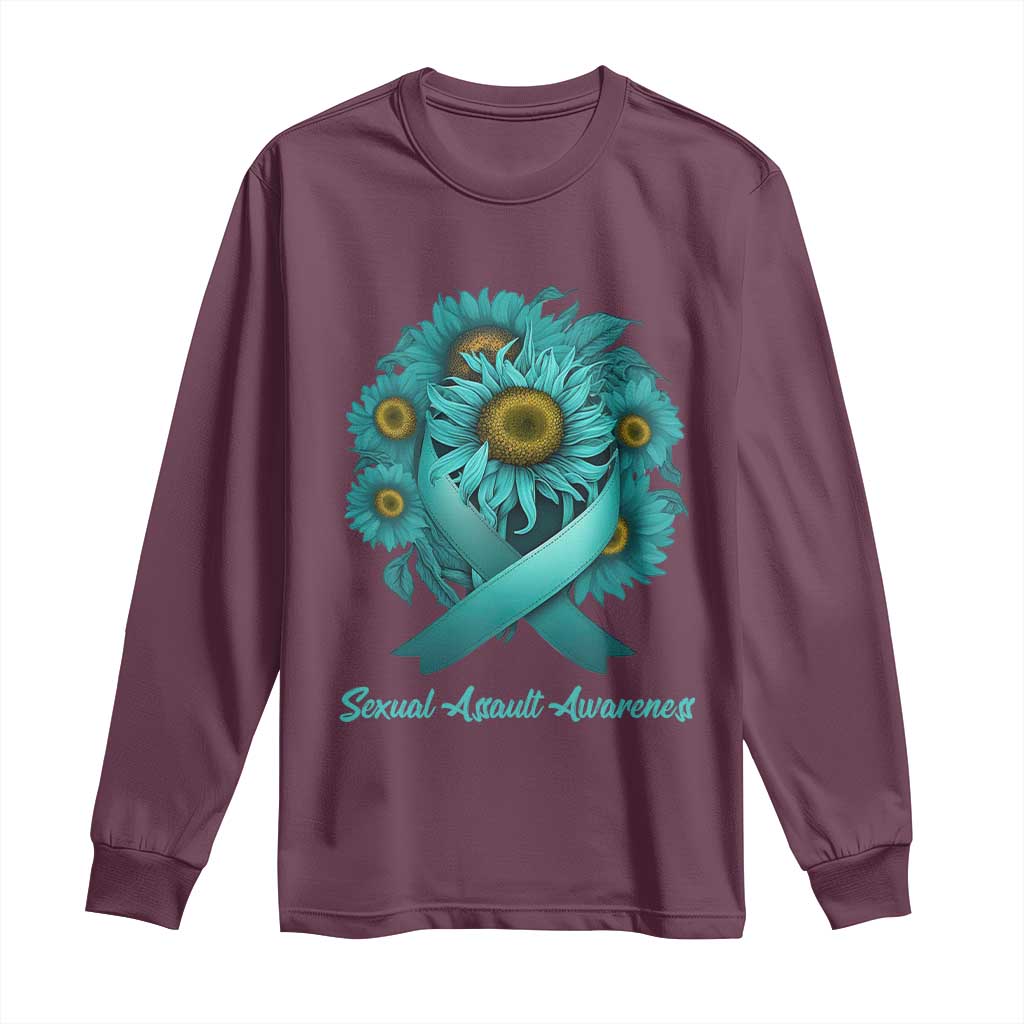 Sexual Assault Prevention Support Long Sleeve Shirt Teal Ribbon Sunflowers Warrior