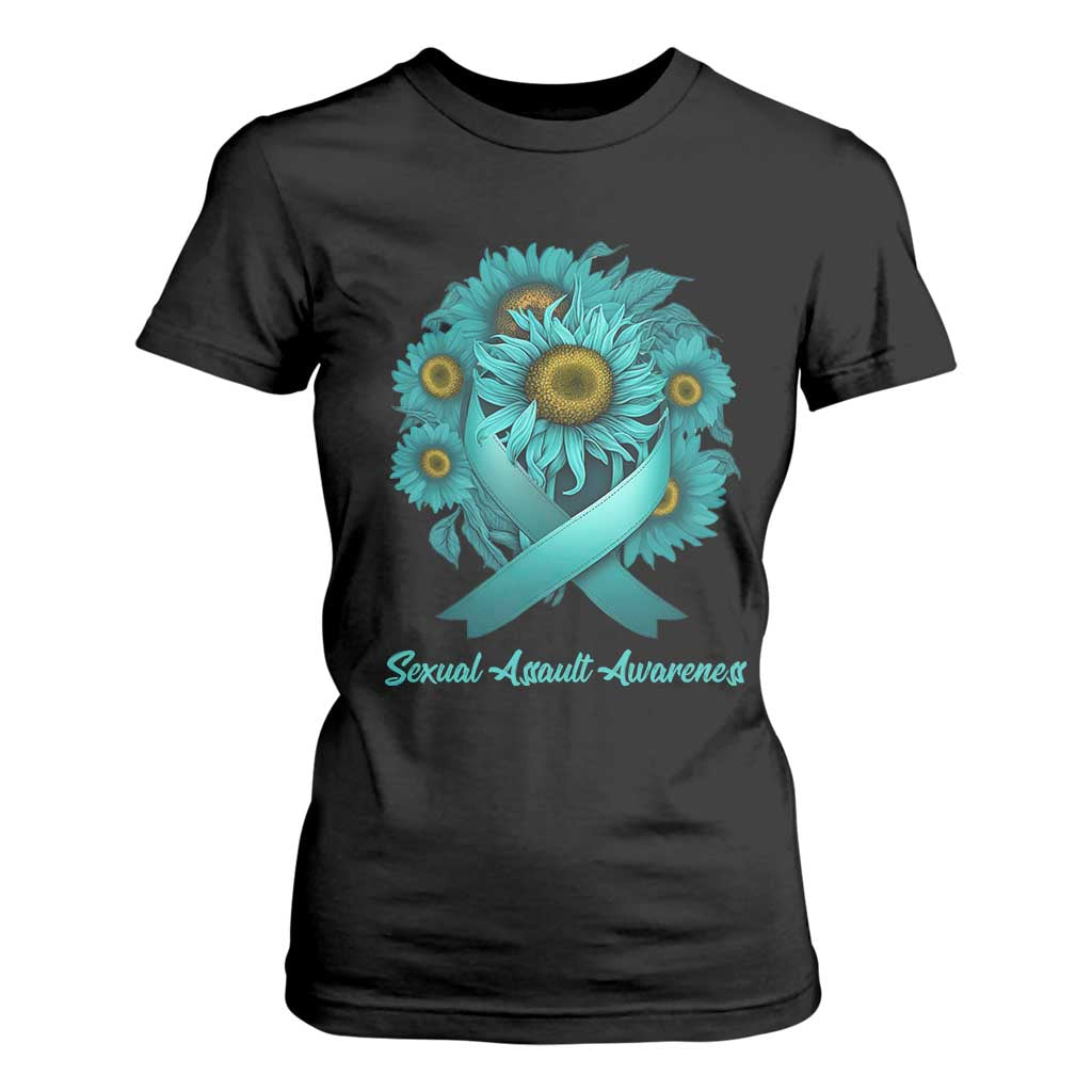 Sexual Assault Prevention Support T Shirt For Women Teal Ribbon Sunflowers Warrior