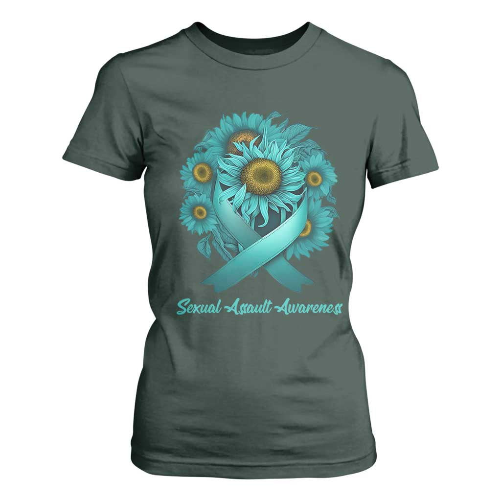 Sexual Assault Prevention Support T Shirt For Women Teal Ribbon Sunflowers Warrior