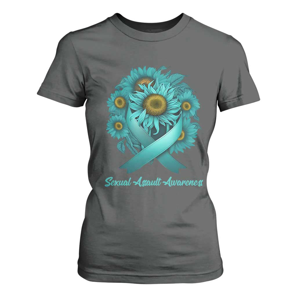 Sexual Assault Prevention Support T Shirt For Women Teal Ribbon Sunflowers Warrior