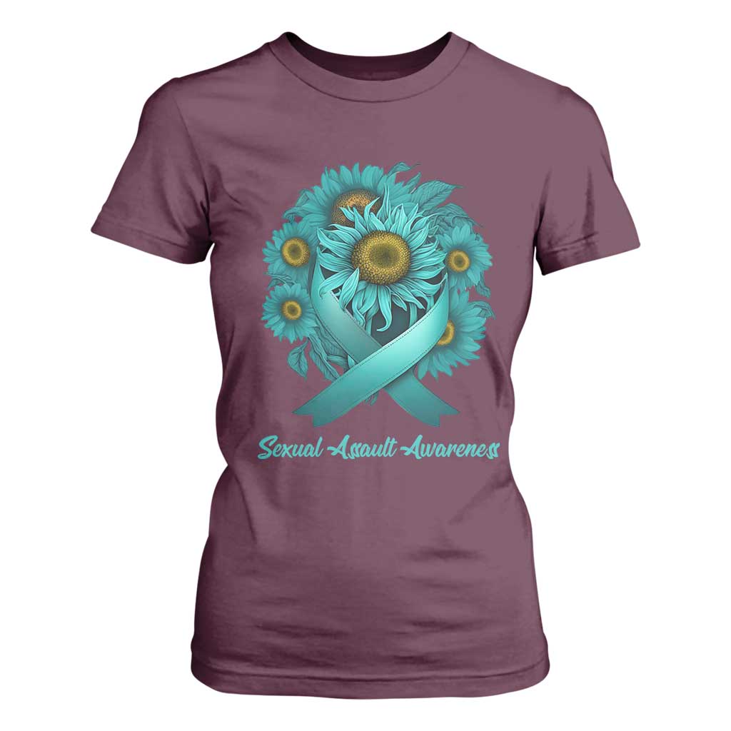 Sexual Assault Prevention Support T Shirt For Women Teal Ribbon Sunflowers Warrior