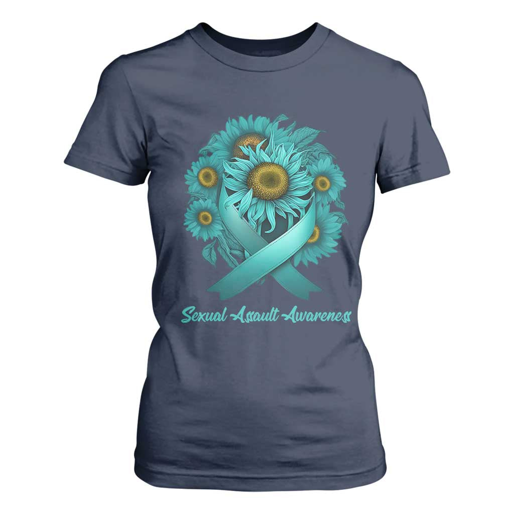 Sexual Assault Prevention Support T Shirt For Women Teal Ribbon Sunflowers Warrior
