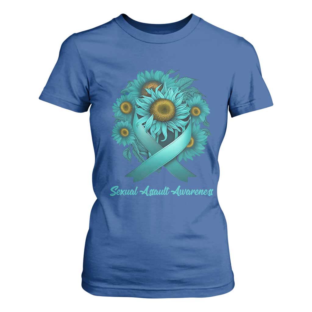 Sexual Assault Prevention Support T Shirt For Women Teal Ribbon Sunflowers Warrior