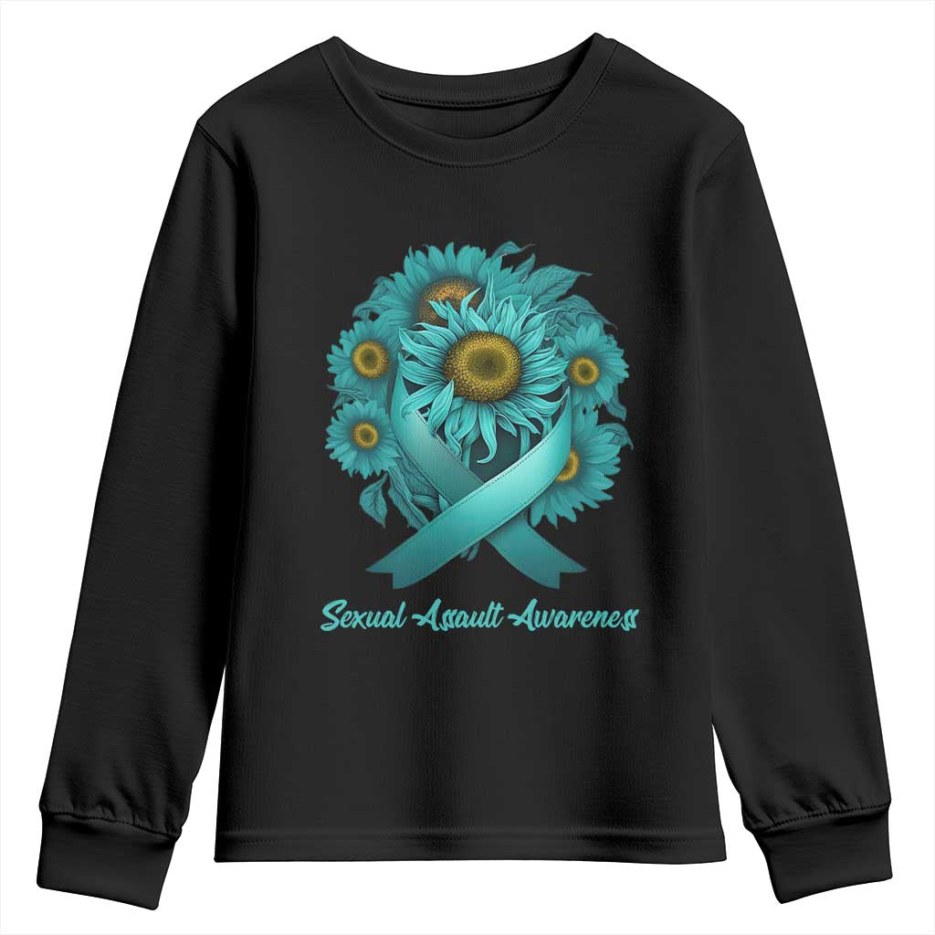 Sexual Assault Prevention Support Youth Sweatshirt Teal Ribbon Sunflowers Warrior