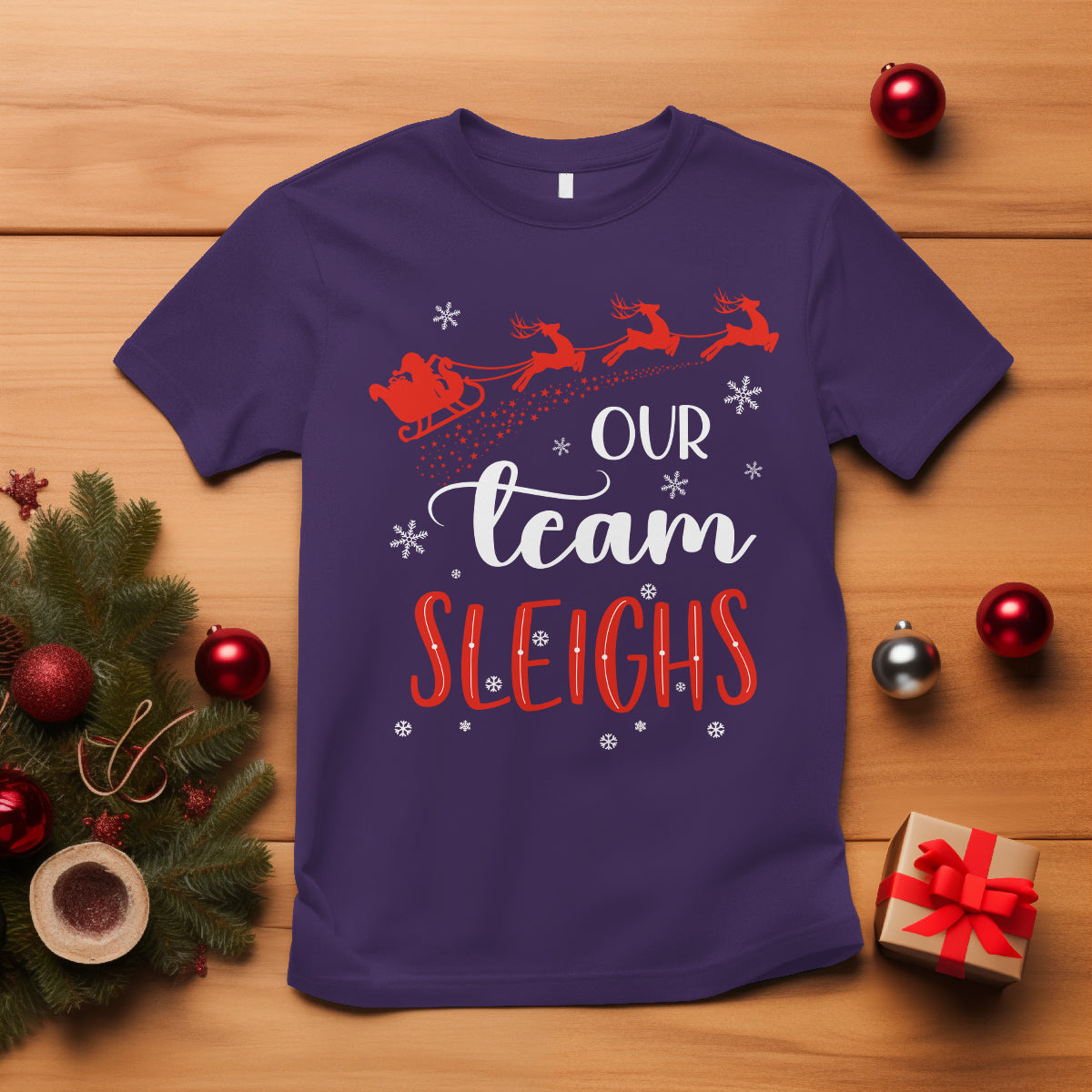 our-team-sleigh-christmas-santa-reindeer-office-staff-t-shirt