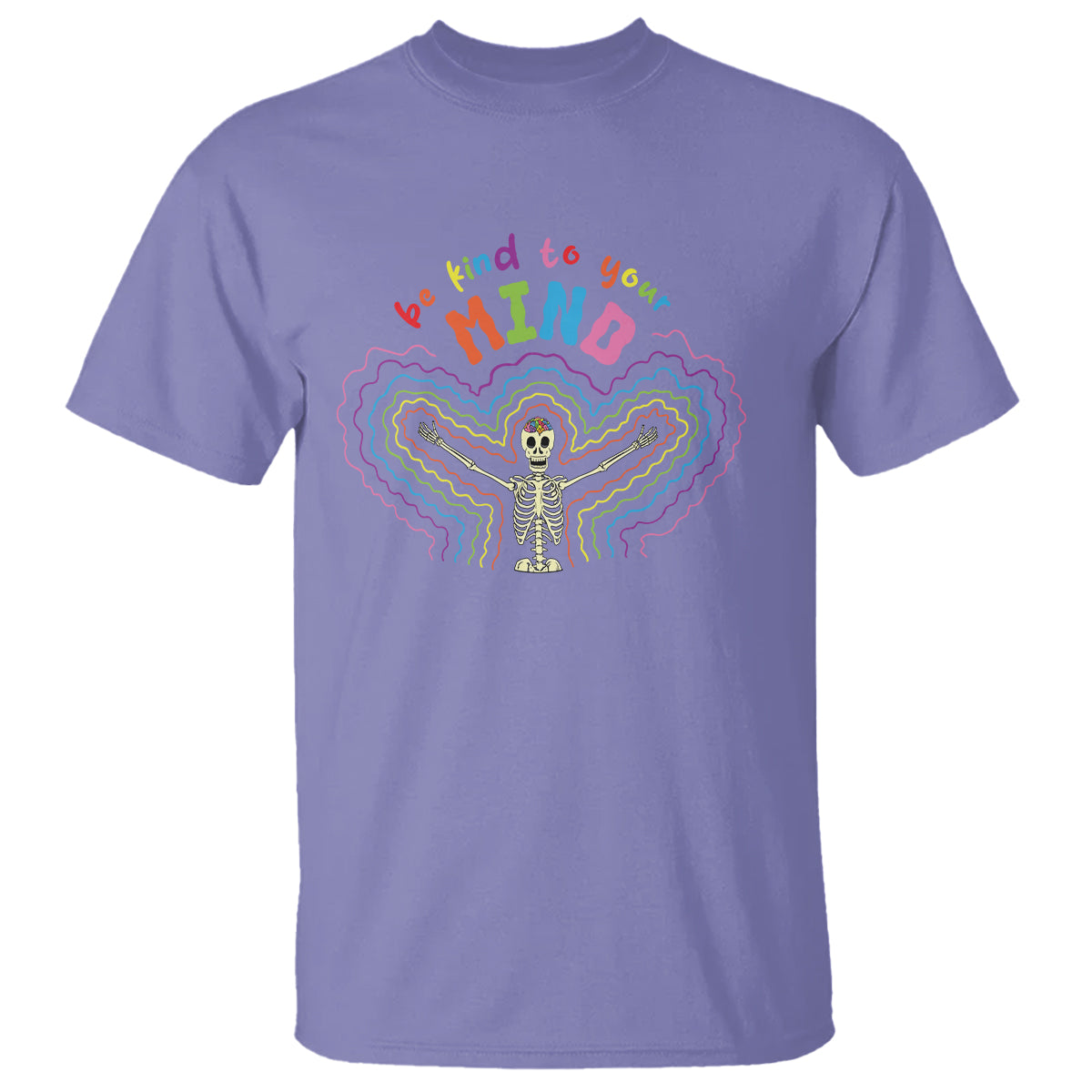 mental-health-t-shirt-be-kind-to-your-mind-self-care-rainbow-skeleton