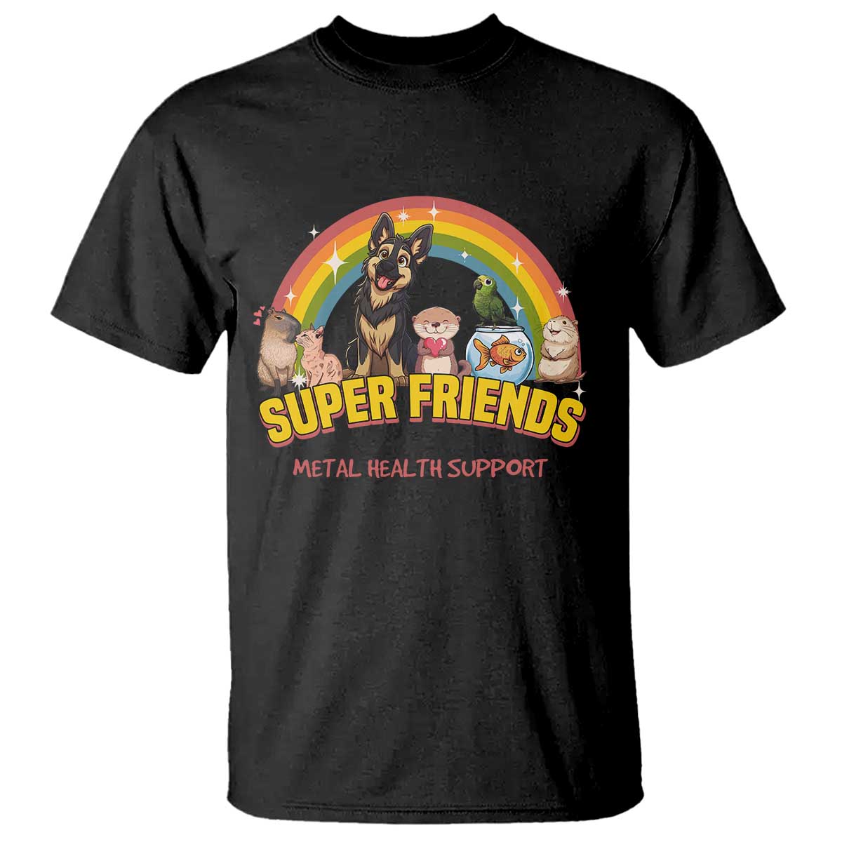 mental-health-support-t-shirt-super-friends-cute-animals-dog-cat-capybara-otter