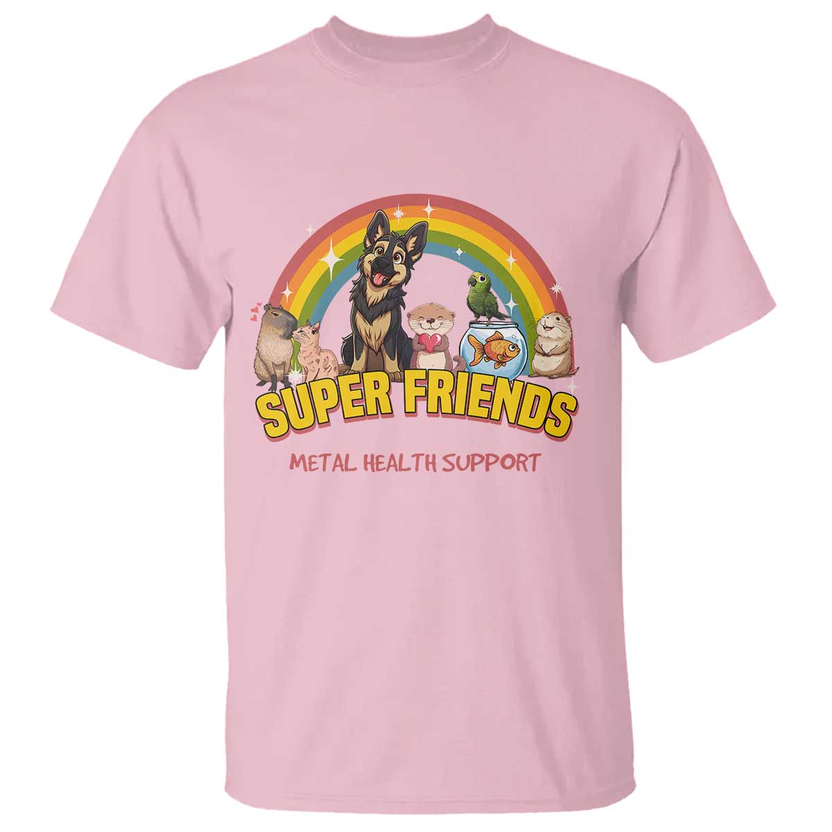 mental-health-support-t-shirt-super-friends-cute-animals-dog-cat-capybara-otter