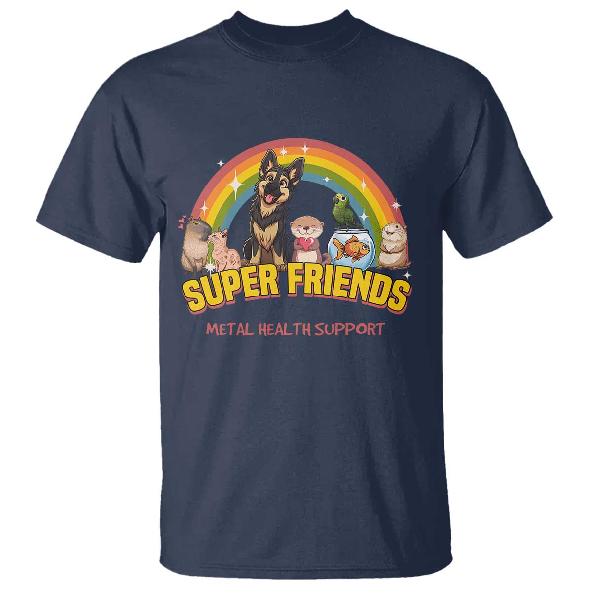 mental-health-support-t-shirt-super-friends-cute-animals-dog-cat-capybara-otter