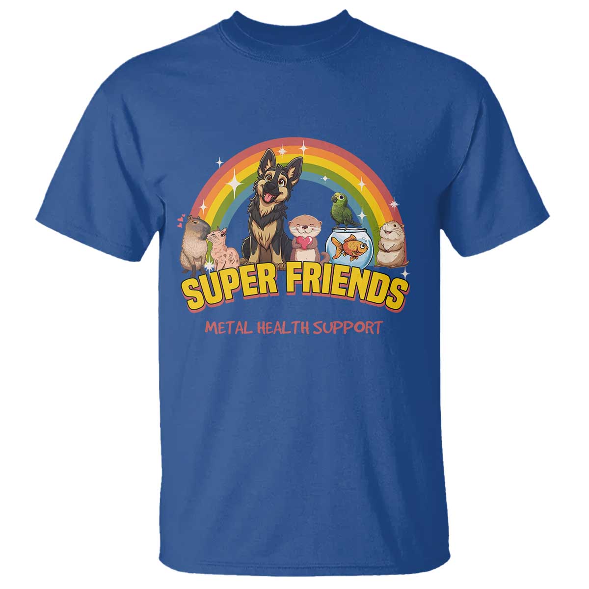 mental-health-support-t-shirt-super-friends-cute-animals-dog-cat-capybara-otter