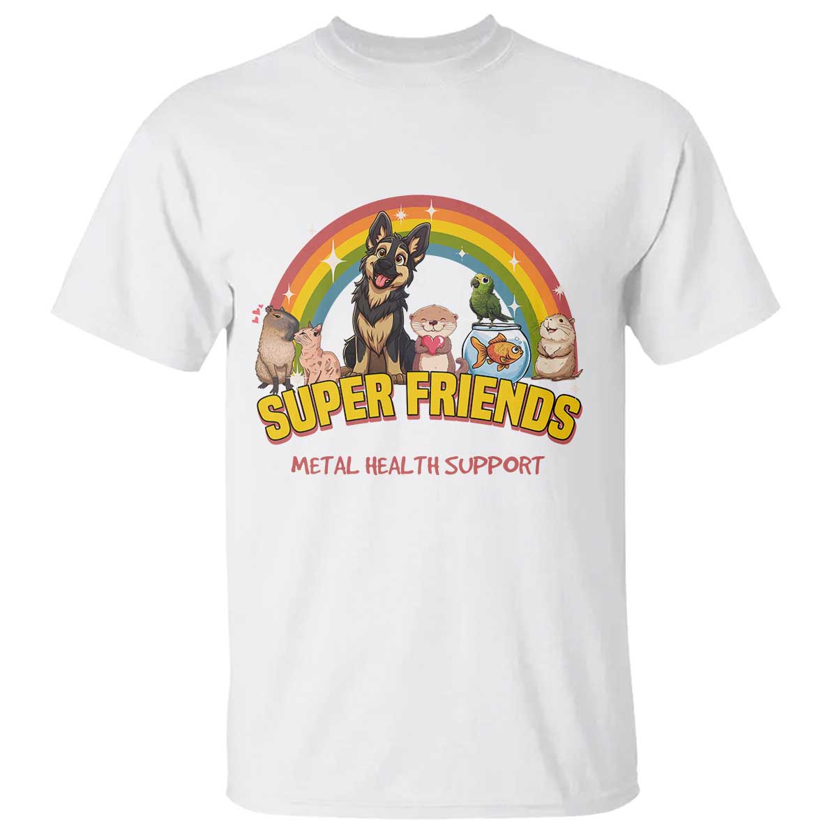mental-health-support-t-shirt-super-friends-cute-animals-dog-cat-capybara-otter