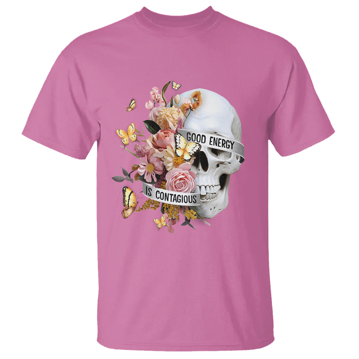 mental-health-t-shirt-good-energy-is-contagious-skull-flowers