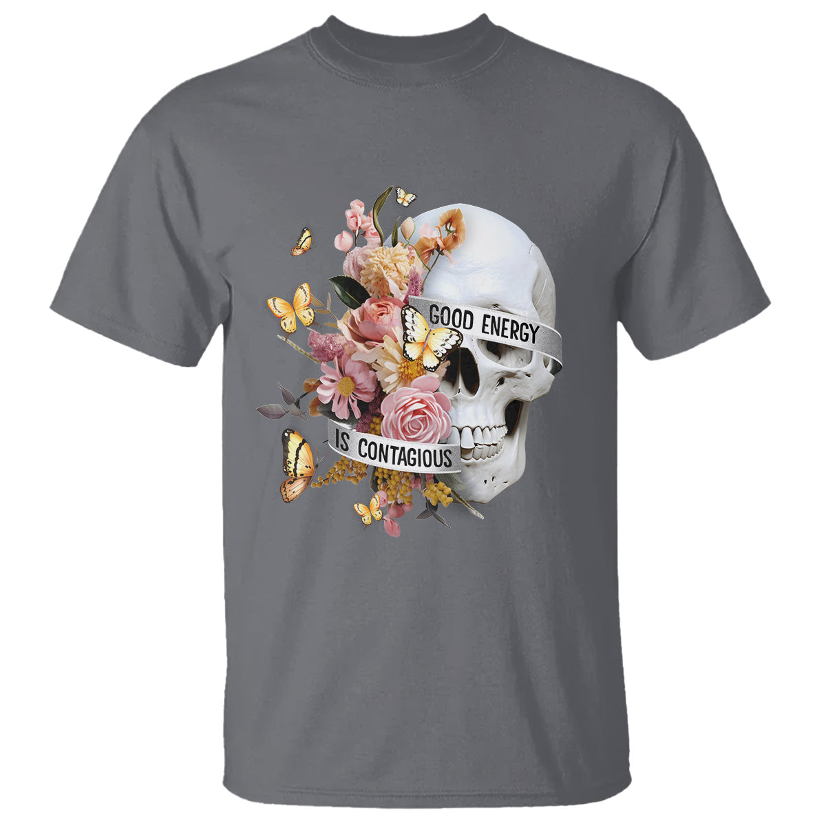 mental-health-t-shirt-good-energy-is-contagious-skull-flowers