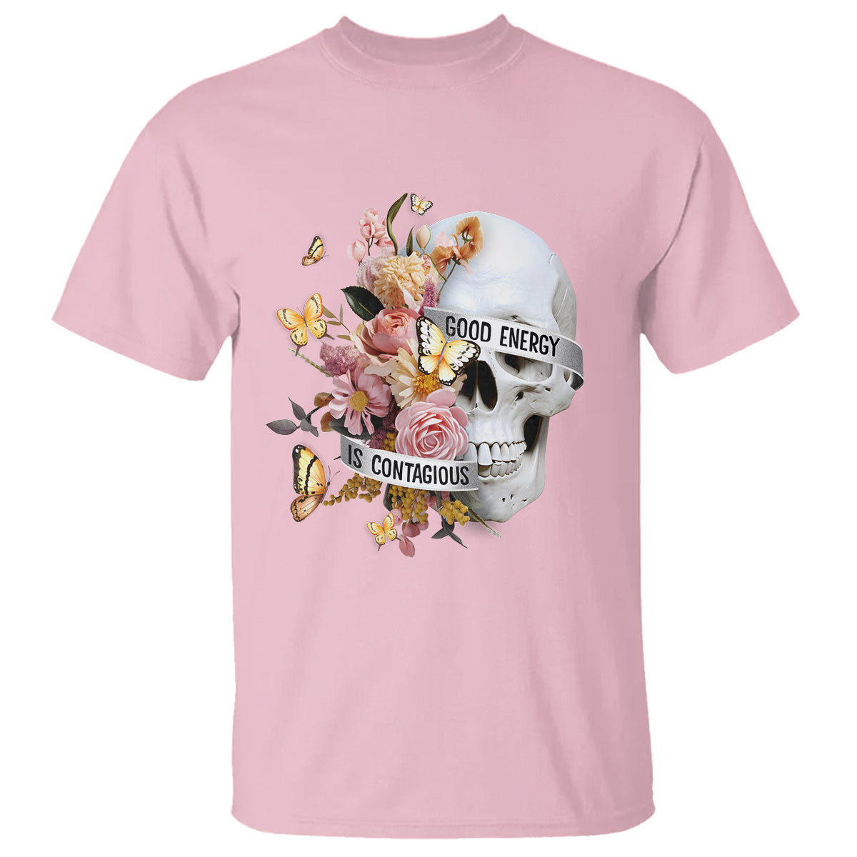 mental-health-t-shirt-good-energy-is-contagious-skull-flowers