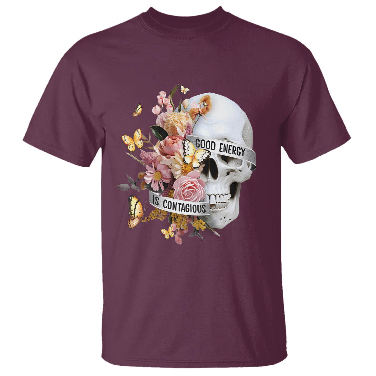 mental-health-t-shirt-good-energy-is-contagious-skull-flowers
